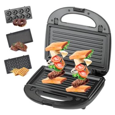 Imagem de XCPHGFM Sanduicheira elétrica 3 em 1, máquina de café da manhã com 3 conjuntos de placas antiaderentes removíveis, aquecimento dupla face, máquina de waffle, donut, panini press grill