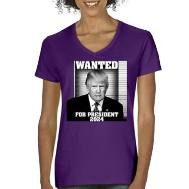 Imagem de Camiseta feminina com gola V Donald Trump Wanted for President 2024 Mugshot MAGA America First Republican Conservative FJB Tee, Roxa, XXG