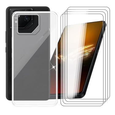 Imagem de AQGGIIXY Pacote com 4 películas de vidro temperado + capa para Asus ROG Phone 8 Pro (6,7 polegadas), protetor de tela com dureza 9H e capa de silicone macio amortecedora transparente capas protetoras
