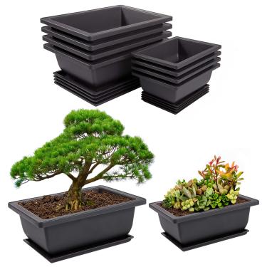 Imagem de 8 pacotes de panelas de bonsai de 16,5 cm/22,6 cm com bandejas de umidade - Plantas de bonsai, plantas, vasos de árvore de bonsai, bandejas de umidade com malha integrada para decoração de jardim e berçário