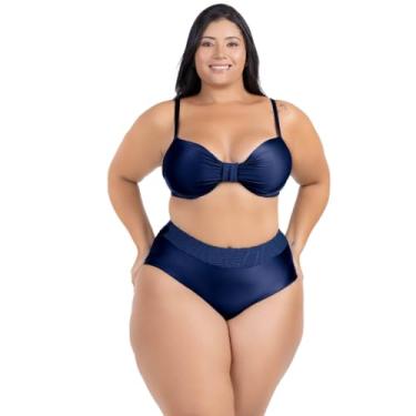 Imagem de Biquini Plus Size Sobreposição Croche Calcinha Alta Fio Duplo Cintira Alta Modela Cintura Com Bojo Detalhe Alcinha (BR, Numérico, 50, Plus Size, Marinho)