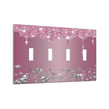Imagem de Diamantes brilhantes rosa prata glitter gotas impressão quádruplo interruptor de luz capas decorativas exclusivas 4 gangues placa de parede elétrica placa de interruptor para cozinha quarto banheiro decoração
