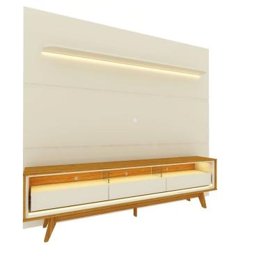 Imagem de Painel Gelius Royal com Rack Requinte 100% MDF largura de 220 cm para TV de até 85 polegadas com pés de madeira OFF White Naturale
