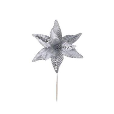 Imagem de Flor Poinsetia Decorativa Prata com Brilho 29cm - Tok da Casa