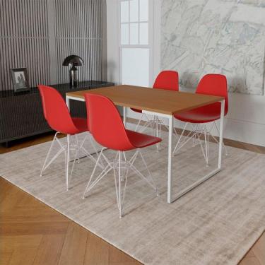 Imagem de Mesa Industrial Base Ferro Branco Tampo 137x90 Canela 4 Cadeiras Ferro