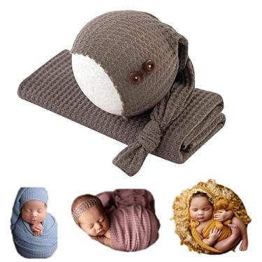 Imagem de Coberllus Envoltório para fotografia de recém-nascido | Chapéu de nó e cobertor elástico para adereços de fotos de bebês | Roupas de sessão de fotos para recém-nascidos de 15,74 x 159,9 cm, Marrom
