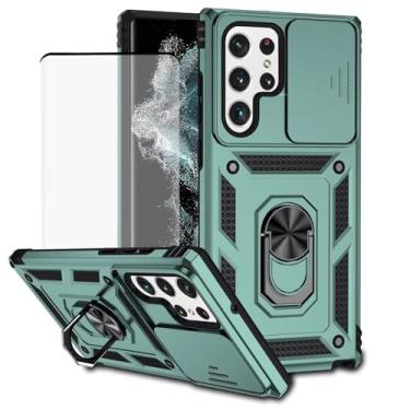 Imagem de Vokuha Capa para Galaxy S22 Ultra, capa para Samsung S22 Ultra SM-S908U com protetor de tela de vidro temperado e capa deslizante para câmera, capa magnética com suporte de anel de 360° para Samsung