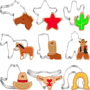 Imagem de Conjunto de 9 cortadores de biscoito de caubói com tema de caubói, incluindo vaca, estrela, cavalo, vaqueiro, bota, chapéu, cacto, ferradura, cabeça de cavalo, cortador de biscoito de aço inoxidável para assar alimentos decorativos DIY