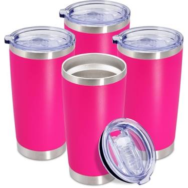 Imagem de AEPDTD Copos de mesa de café de 590 ml a granel com tampa de parede dupla de aço inoxidável com isolamento a vácuo, copos revestidos em pó, serve para porta-copos de carro para quente e frio - rosa