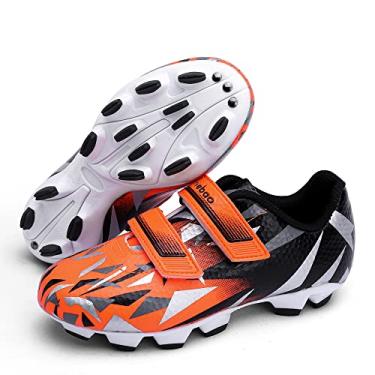 Imagem de MiFeloo Chuteira de futebol infantil com gancho e laço para atividades ao ar livre FG infantil firme sem cadarço para meninos e meninas, Preto/laranja, 2 Little Kid