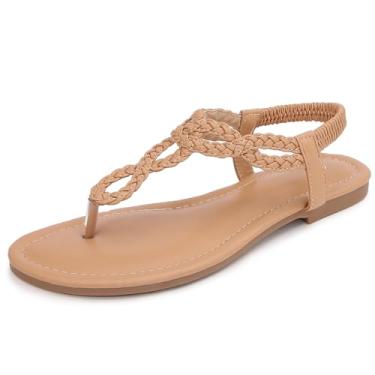 Imagem de zeetoo Sandálias femininas com strass, rasteirinhas, tiras em T, tanga boêmia casual elegante sandálias femininas, Tecido cáqui, 38