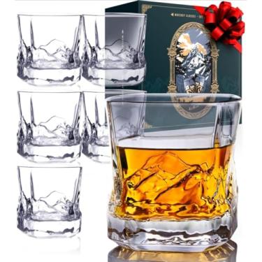 Imagem de Conjunto exclusivo de copos Everest Bourbon com caixa de presente forrada com tecido de 15 cm - Tema de montanhas - Conjunto de 6 copos de uísque à moda antiga congeláveis pesados de 227 g - Conjunto