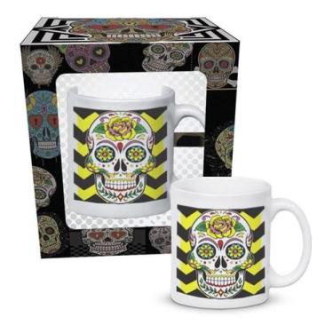 Imagem de Caneca xicara decorado caveira mexicana - ceramica regina, Branco