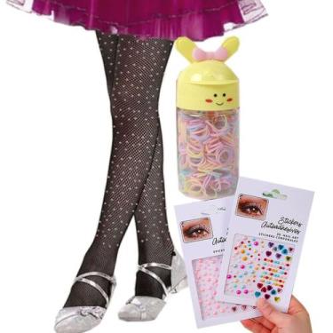 Imagem de Meia Calça Arrastão Infantil Juvenil com Strass + Adesivos Face Jewels