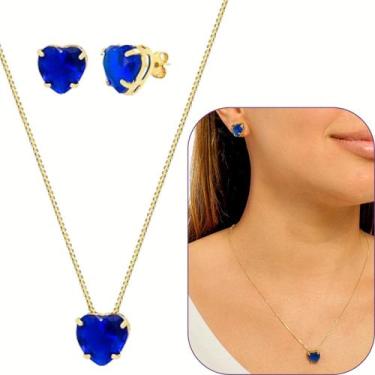 Imagem de Conjunto Colar Coração 10mm Azul Royal banhado a Ouro 18k - Morganitte