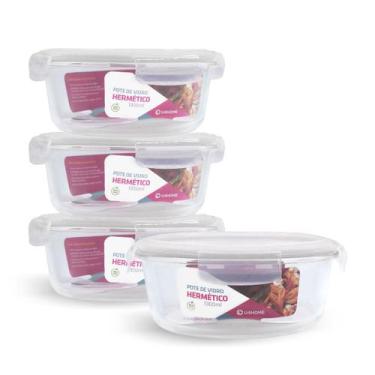 Imagem de Kit 4 Potes Hermético Vidro Redondo Grande Marmita 1300ml - NABOX, Bra