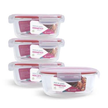 Imagem de Kit 4 Potes Hermético Vidro Redondo Grande Marmita 1300ml - NABOX, Ver
