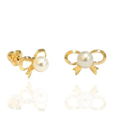 Imagem de Brinco Infantil Em Ouro 18k Laço Lacinho Com Pérola Natural - ARKHA18 