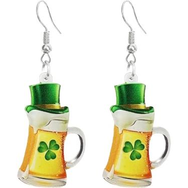 Imagem de Eioi & Lmnm Brincos femininos pendentes de acrílico para o Dia de São Patrício, chapéu de duende, gnomo, caneca de cerveja, brincos pendentes de trevo verde irlandês, joias festivas, One Size,