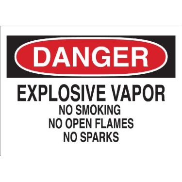 Imagem de Brady 85166 Poliéster autoadesivo, 25,4 cm x 35,5 cm, letreiro de perigo com a legenda "Vapor explosivo não fumar, sem chamas abertas, sem faíscas"