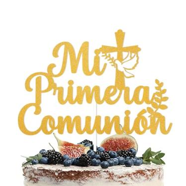 Imagem de Mi Primera Comunión Cake Topper - First Holy Communion Cake Decor, God Bless This Child Cake Decor, Baptism Christening Baby Shower Wedding Party Decorations Gold Glitter