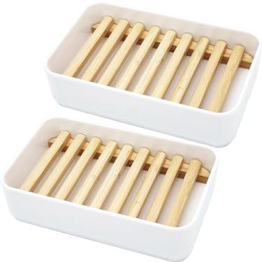 Imagem de Latomex Suporte para Saboneteira, Pacote com 2 Caixas de Sabonete de Bambu com Drenagem Automática, Suporte para Saboneteiras para Chuveiro, Banheiro, Cozinha, Banheira, Pia de Bar (, Branco)