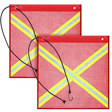 Imagem de Bandeira de segurança de 45,7 x 45,7 cm, 2 peças, bandeira de aviso de malha à prova de intempéries com ilhós e cordão elástico e faixa refletiva dupla face para caminhão, caça, bicicleta, reboque