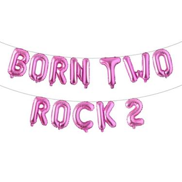 Imagem de Born Two Rock 2 Birthday Decorations Rock and Roll 2nd Birthday Party Supplies with Born Two Rock Balloon Banner Cake Topper Balloon for Rock Band Music Theme Party (BORN TWO ROCK 2 Rose Red)