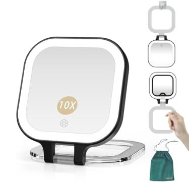 Imagem de Mocado Espelho compacto de maquiagem para viagem, espelho de ampliação 1X/10X com luz, espelho compacto de dois lados com luz de 3 cores, espelho portátil regulável, espelho de viagem recarregável