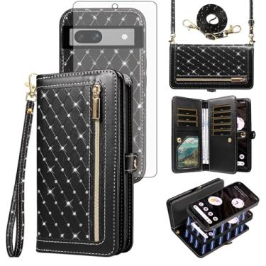 Imagem de Asuwish Capa de celular para Google Pixel 7A 5G 2023 com zíper carteira magnética destacável com protetor de tela de vidro temperado, alça transversal, flip brilhante, porta-cartão de crédito, Pixel7A