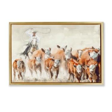 Imagem de Stupell Industries Tela flutuante emoldurada Cowboy Cattle Roundup Design de arte de parede por Nina Blue, moldura flutuante dourada, 78 x 53 cm