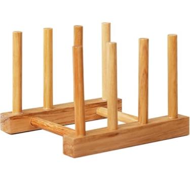 Imagem de YUNXIASW Escorredor de pratos de madeira de bambu, escorredor de secagem, suporte de armazenamento, organizador de armário de cozinha para prato, tigela, copo, tampa, livro