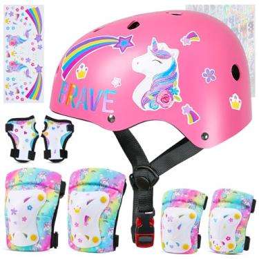 Imagem de FIODAY Capacete de bicicleta infantil, joelheira e cotoveleira, conjunto de equipamento de proteção ajustável com adesivo DIY para meninas de 3 a 5 a 8 anos para skate, patinação em linha, scooter