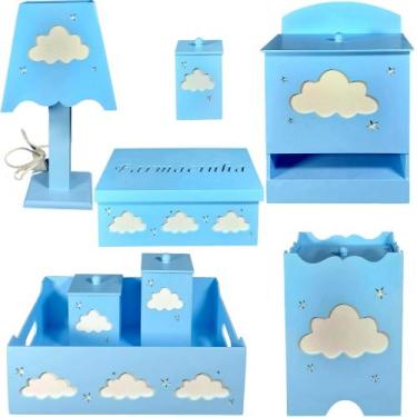 Imagem de kit higiene bebe mdf decorado 8pçs - NUVEM AZUL - Flores para Mariae
