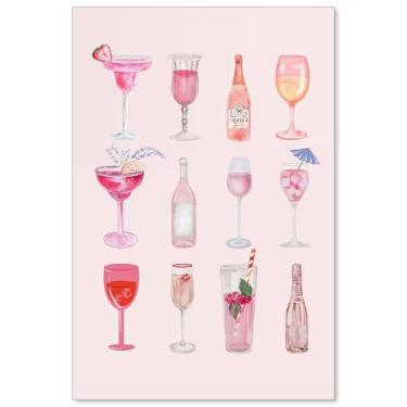 Imagem de Heltrappe Pôster de coquetel rosa moderno Coquette vintage champanhe garrafa de vinho arte de parede impressão em tela aquarela para sala de estar bar carrinho decoração de parede 40,6 x 61 cm sem