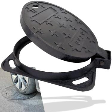 Imagem de MASSLUNT Tampa de bueiro de ferro fundido e moldura de 30,5 cm, tampa de fossa séptica preta classe B com base, tampa de pia de esgoto redonda, capa de inspeção de metal resistente para garagem,