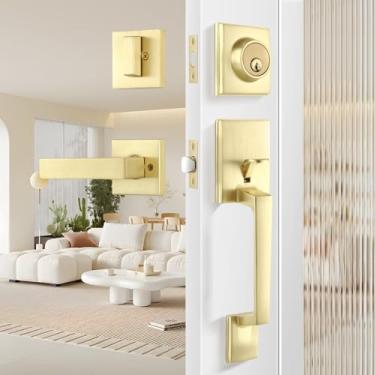 Imagem de Leydebong Conjunto de maçanetas e fechaduras, conjunto moderno de fechadura da frente, reversível para tranca direita e esquerda, fechadura de entrada de porta frontal de cilindro único, acabamento em