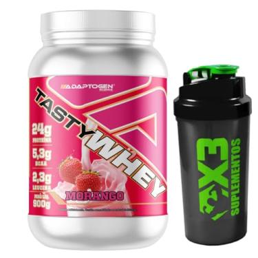 Imagem de Tasty Whey 3W Sabor Morango 900g - Adaptogen Science + Coqueteleira 600ml - X3 Suplementos