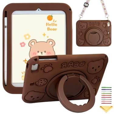 Imagem de Capa infantil para iPad 6ª/5ª geração iPad 9,7 polegadas 2018/2017 e iPad Air 1, UUcovers capa de silicone macio Kawaii com suporte giratório de 360° com suporte para lápis/alça de ombro, urso marrom