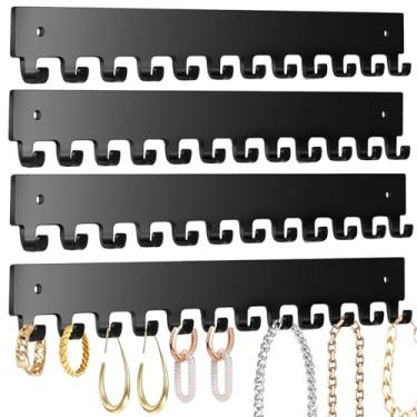 Imagem de milylove Suporte de colar de acrílico, pacote com 4, organizador de colar montado na parede, organizador de joias para pendurar com 12 ganchos para colares, pulseiras, anéis e pulseiras, preto