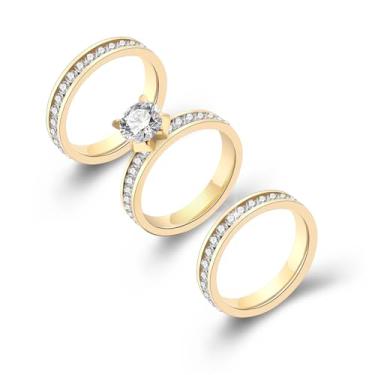 Imagem de KALOAURA Anéis de ouro para mulheres que não mancham, banhado a ouro 14 K, empilhável, zircônia cúbica, conjunto de anéis femininos modernos para noivado, compromisso, presente de casamento, tamanho