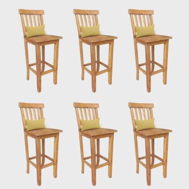 Imagem de Kit 06 Banqueta Alta Com Encosto Wood Madeira Maciça Peroba Rosa Com Almofada Corino Amarelo - Ahz Móveis