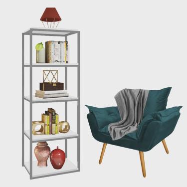 Imagem de Kit Poltrona Fatte com Manta Soft Cinza e Estante Livreiro Ferro Prata mdf Branco Suede Azul Turquesa - Ahazzo Móveis