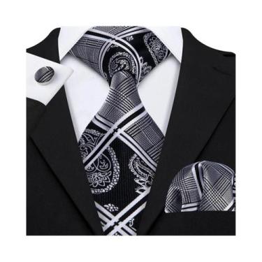 Imagem de Conjunto de Gravata e Abutões Masculinos - Seda Jacquard Preto, Branco