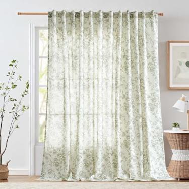 Imagem de jinchan Cortina De Linho Floral, 100 Polegadas Extra Larga Para Pátio, Porta Correr Vidro, Divisória Ambiente Sala Estar, 108 Comprimento, Conjunto Cortinas Estampadas Em Verde Peônia, Estilo Fazend