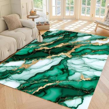 Imagem de EDGZKO Tapetes de mármore para sala de estar: 1,8 x 2,5 m Esmeralda verde dourado tapete de área de mármore antiderrapante abstrato turquesa tapete de chão para quarto, dormitório, cozinha, sala de