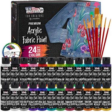 Imagem de Conjunto de 24 cores da U.S. Art Supply de tinta acrílica permanente em frascos de 60 ml, além de um kit de pincéis de 7 peças - Tinta têxtil para roupas, jeans, lona, jeans, jaquetas, camisetas, bolsas, sapatos