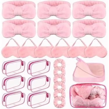 Imagem de 36 peças de artigos de festa de spa, lembrancinhas de festa do pijama rosa de pelúcia, conjunto de spa e festa do pijama, inclui acessórios de cabelo, máscaras de olhos, toalhas, bolsas de maquiagem