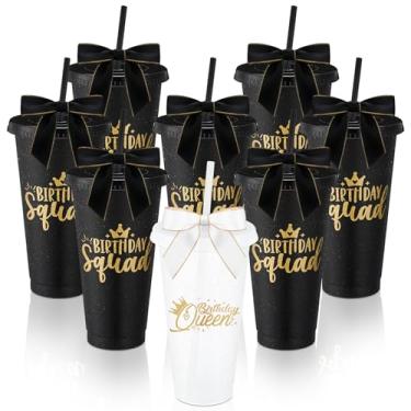 Imagem de Jingmore Conjunto de 8 copos de glitter para festa de aniversário de 680 g copos de plástico queen do esquadrão de aniversário com tampa canudo e laço torcido para decorações de festa de esquadrão