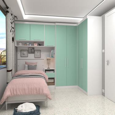 Imagem de Quarto De Canto Solteiro Com Guarda Roupas Cabeceira E Mesa De Cabeceira Alpes Luciane Móveis Branco Pf Com Verde Pf